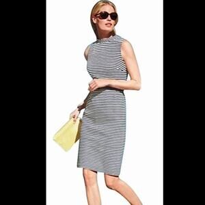 Boden 60s Sheath Ponte Knit, Blue & White Striped Sleeveless Dress, Size 2R